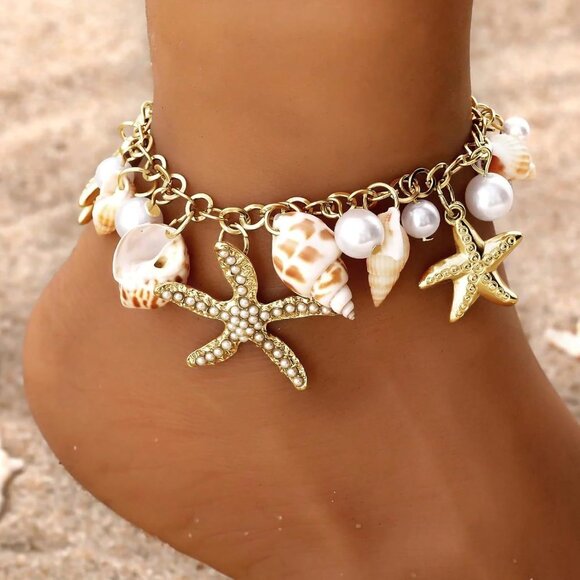 Shell Ankle Bracelet Set for Women, Gold Plated Boho Bead Adjustable Anklet, Haw - Picture 3 of 7